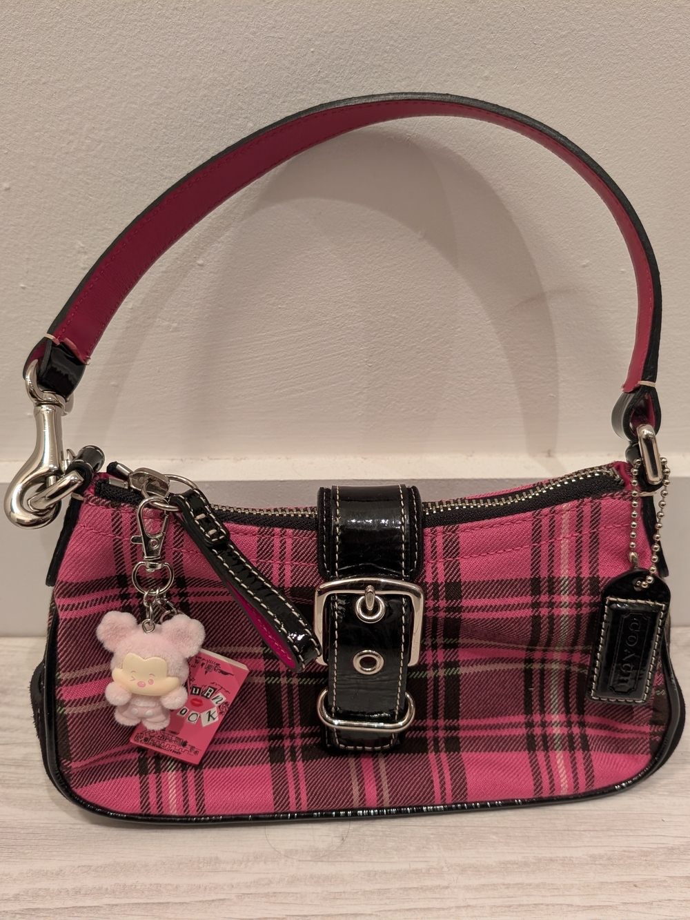 Coach Pink Plaid Shoulder Bag with Black Trim and Buckle